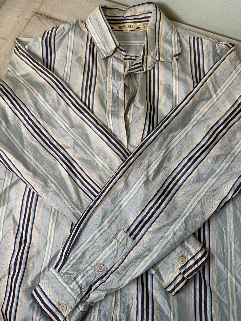 ✨Vintage Royal Silk Striped Button Up Shirt Pastel Blue Size 12 GUC